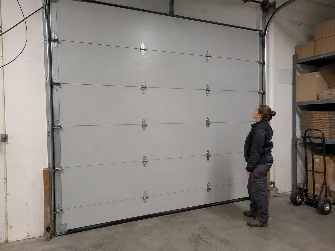 A person looks at a tall closed sectional door with broad panels, hinges and side tracks in a warehouse.