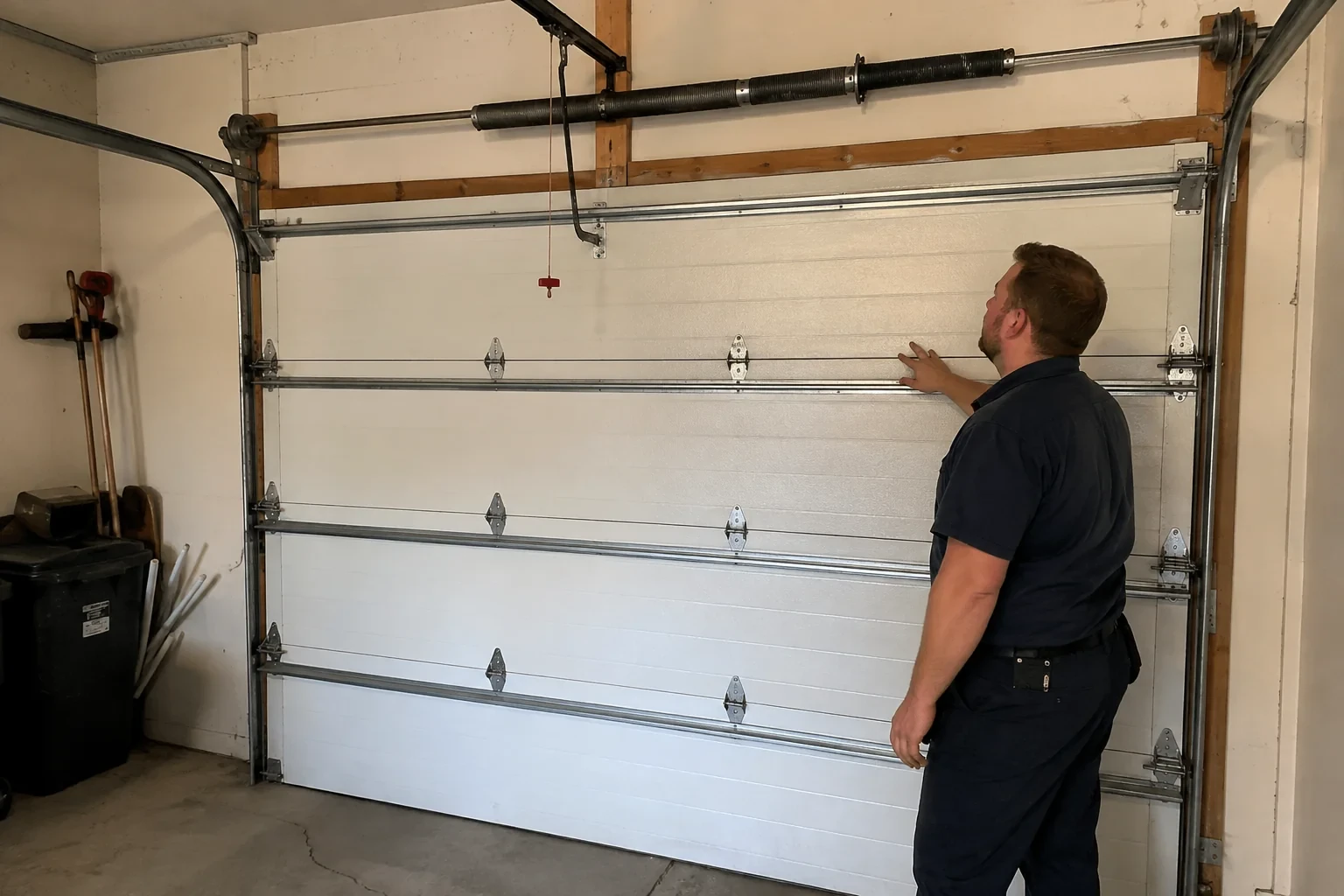 A person stands beside a closed sectional door beneath its overhead spring assembly.