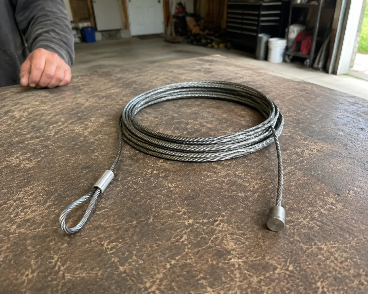 A coiled steel cable lies on a workbench with an eye loop at one end and a cylindrical stop at the other.