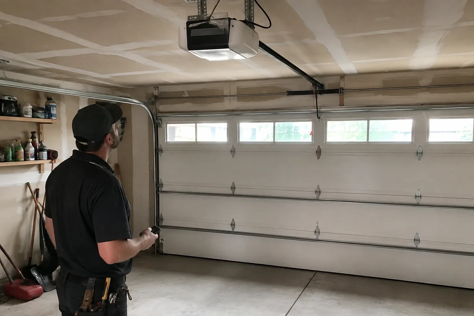 A person looks at an overhead opener above a closed garage door with a row of windows.