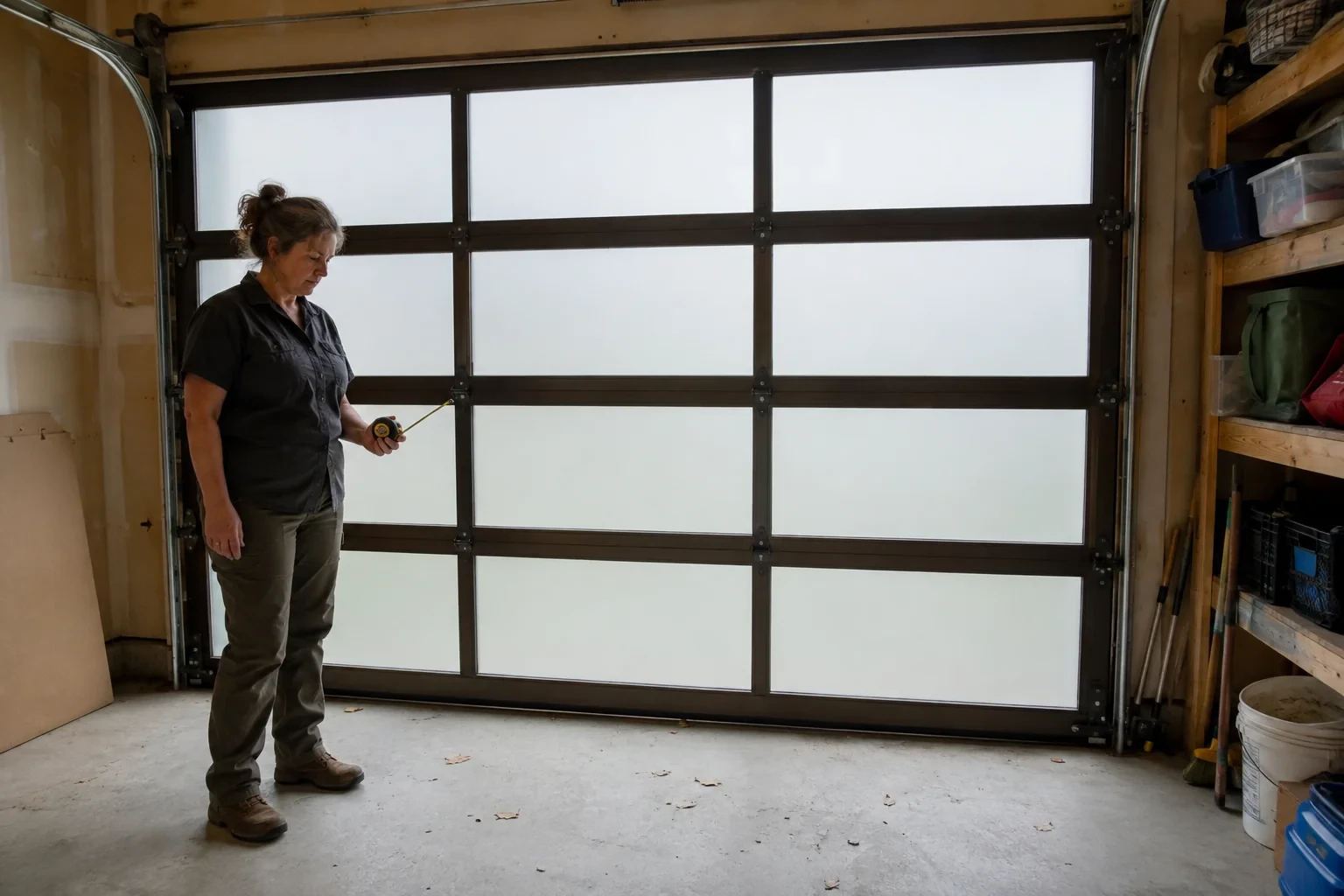 A person stands inside a garage beside a closed door with frosted glass panes in a dark metal frame.